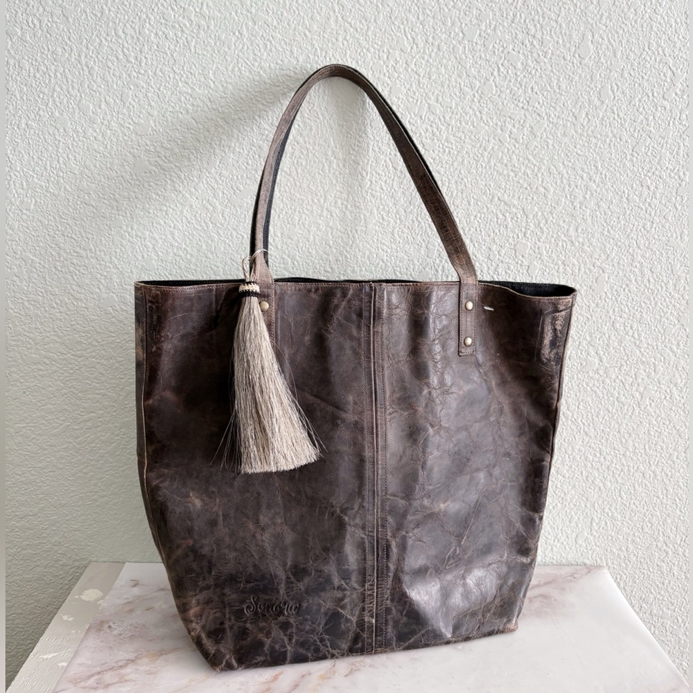 Sonora Leather Tote Horse Hair Tassel Distressed Weathered Leather